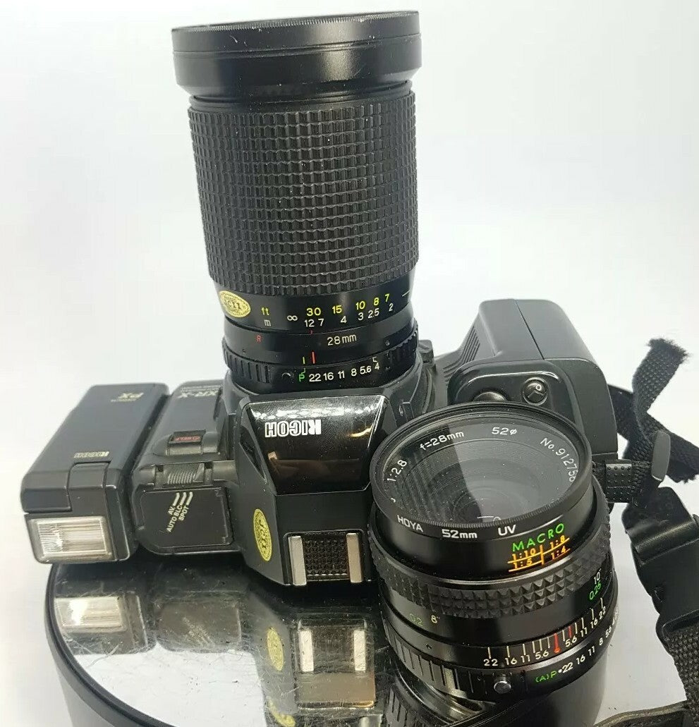 Ricoh XR-X SLR film Camera with 28-135mm lens& 28mm lens & PX Flash+Case #7914