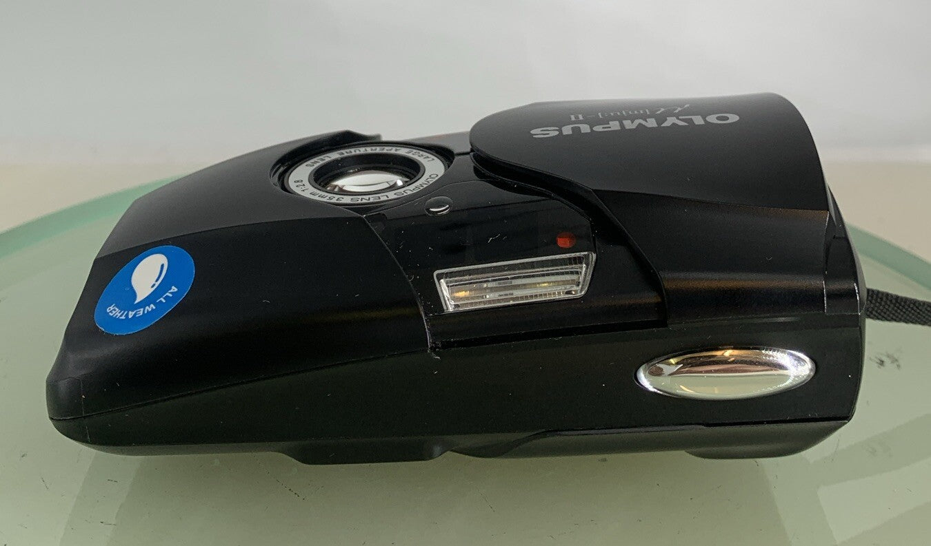 Olympus MJU II 35mm ALL WEATHER FILM CAMERA BLACK WITH COVER TESTED + TIN #4927