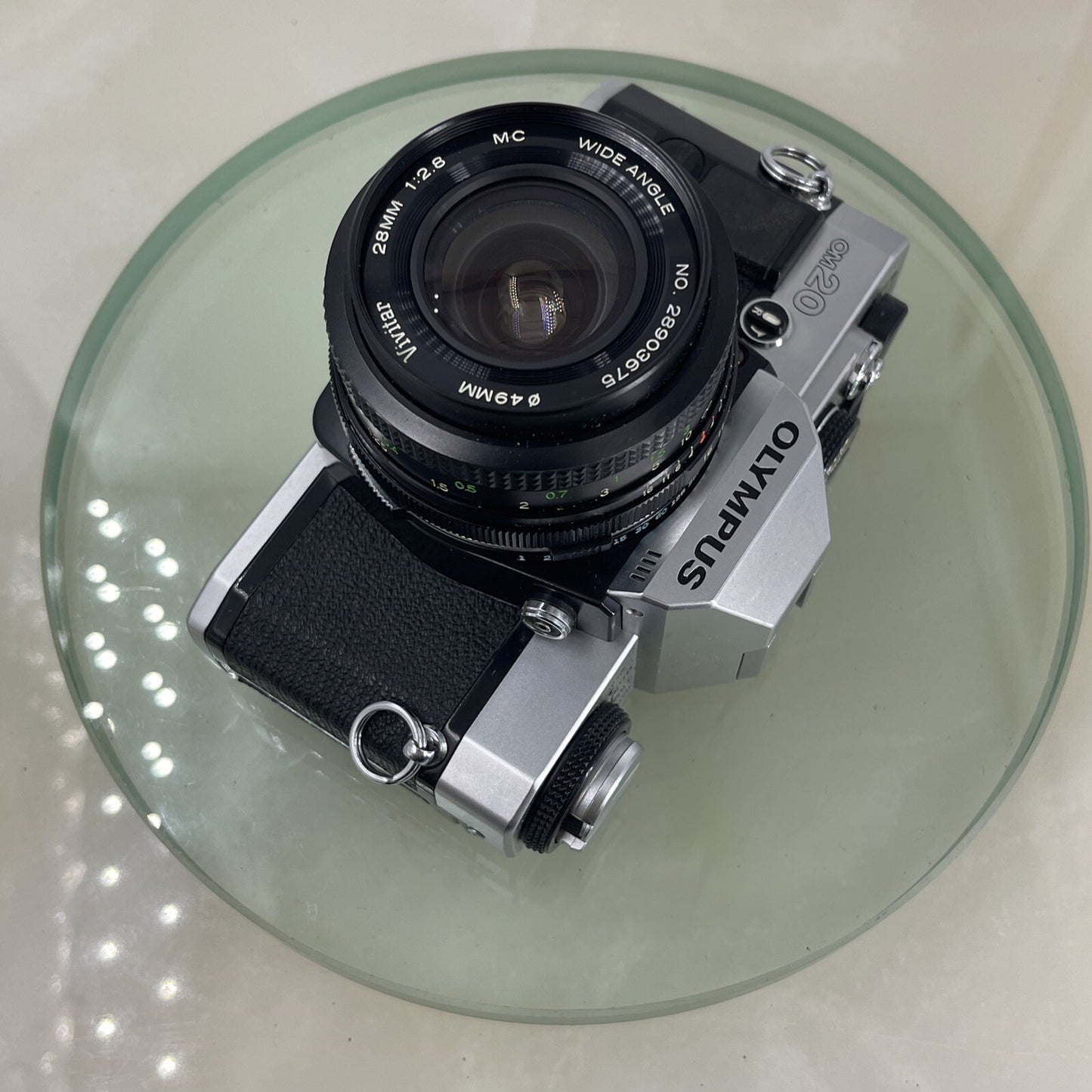 Olympus Om20 35mm slr film camera With Vivitar 28mm 1:2.8 Lens SERVICED #6207