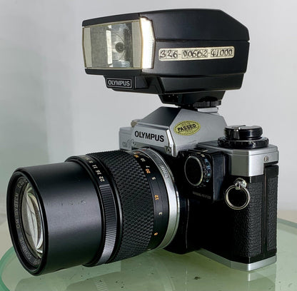 *SERVICED*Olympus OM10 35mm Film SLR Manual Camera+ OM 135 F3.5 Zuiko Lens+FLASH6