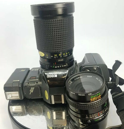 Ricoh XR-X SLR film Camera with 28-135mm lens& 28mm lens & PX Flash+Case #7914