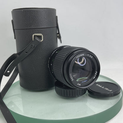 Pentax K mount fit Petri 135mm 1:3.5 prime lens, fits PK camera mount + Case 2240