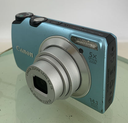 Canon PowerShot A3200 IS Camera 14.1MP BLUE WITH CHARGER+COVER TESTED - 6392