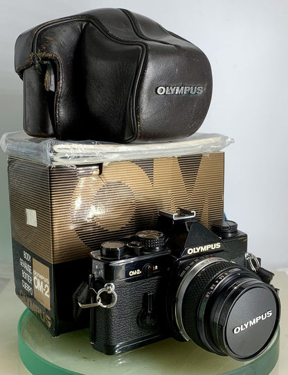 Olympus OM-2n Black - 35mm SLR Film Camera + 50mm f/1.8 Lens+BOX+CASE-Tested 220