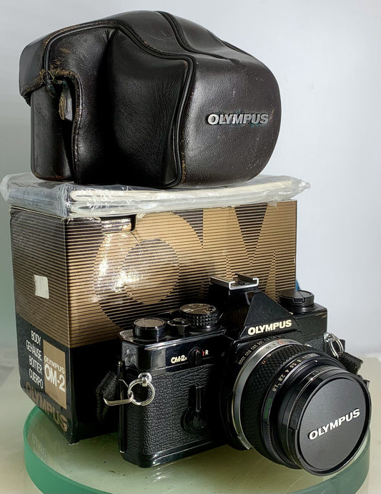 Olympus OM-2n Black - 35mm SLR Film Camera + 50mm f/1.8 Lens+BOX+CASE-Tested 220