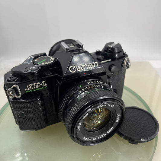 Canon AE-1 Program 35mm SLR Film Manual Camera BLACK+Canon 50mm F/1.8 FD Lens7570