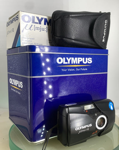 Olympus MJU II 35mm ALL WEATHER FILM CAMERA BLACK WITH COVER TESTED + TIN #4920
