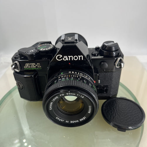 Canon AE-1 Program 35mm SLR Film Manual Camera BLACK+Canon 50mm F/1.8 FD Lens7571