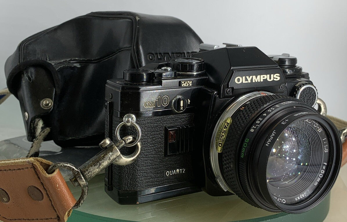 Black Quartz Olympus OM10 35mm SLR Camera Olympus 50mm 1.8 Manual Adapter TESTED0