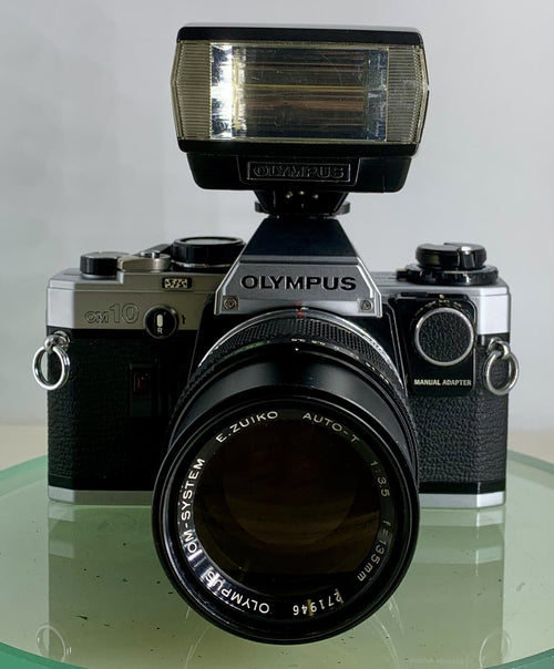 *SERVICED*Olympus OM10 35mm Film SLR Manual Camera+ OM 135 F3.5 Zuiko Lens+FLASH1