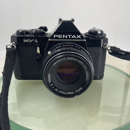Pentax MV 1 35mm SLR Camera, with 50mm f/2 Prime Lens, Strap TESTED  #6061