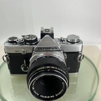 Olympus OM-2 35mm SLR camera body & Hotshoe 2 50mm 1:3.5 Silver Nose TESTED #88511