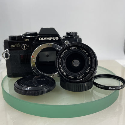 SERVICED OLYMPUS OM-10 BLACK + OLYMPUS OM 28MM F2.8 LENS 35MM SLR CAMERA #9171