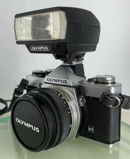 Olympus OM-2 35mm SLR camera body & Hotshoe 2 50mm 1:1.8 +Flash  TESTED #1592