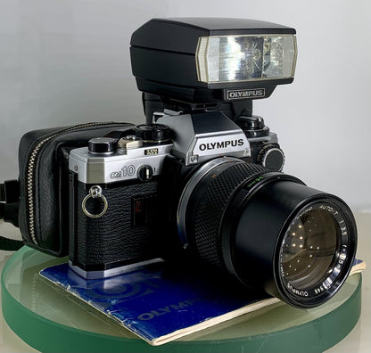 *SERVICED*Olympus OM10 35mm Film SLR Manual Camera+ OM 135 F3.5 Zuiko Lens+FLASH0