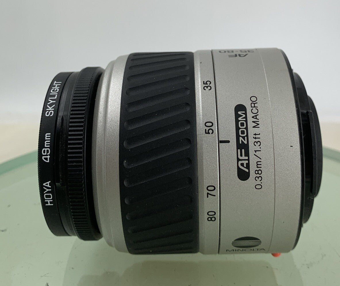 MINOLTA AF ZOOM LENS 35-80MM 1:4 (22) - 5.6 SILVER WITH BAG TESTED - 7285