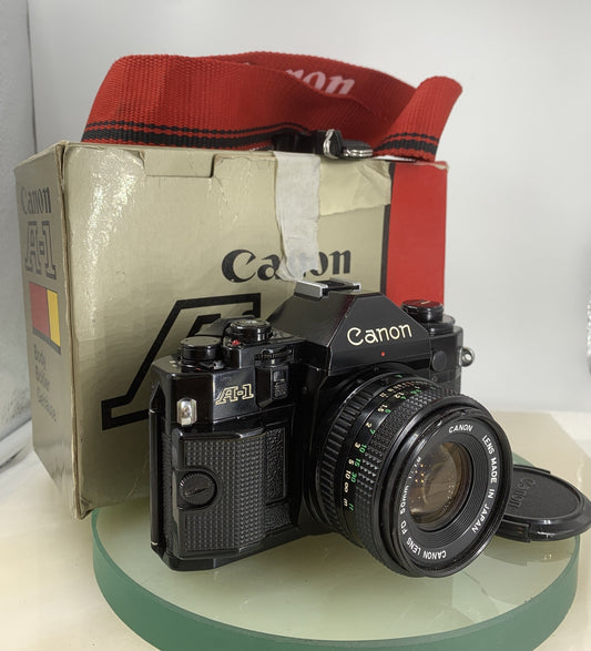 Canon A-1 35mm SLR Film Camera + FD 50mm f/1.8 Prime Lens BOXED, BOOK, STRAP#8060