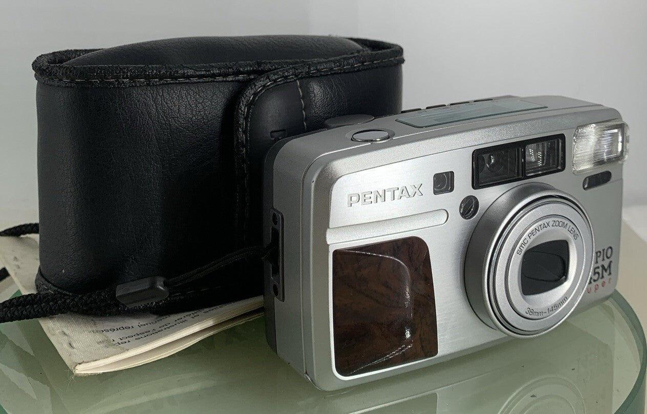 Pentax Espio 145M SUPER SILVER POINT AND SHOOT FILM CAMERA+COVER+BOOK-TESTED-8490