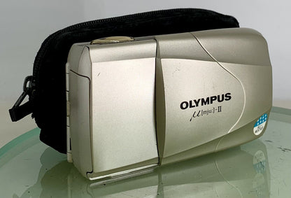 Olympus MJU II 35mm ALL WEATHER FILM CAMERA GOLDEN WITH COVER TESTED - 3190