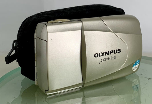 Olympus MJU II 35mm ALL WEATHER FILM CAMERA GOLDEN WITH COVER TESTED - 3190