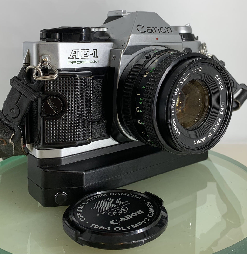 Canon AE-1 Program 35mm SLR Film Manual Camera + Canon 50mm F/1.8 FD Lens+Winder0