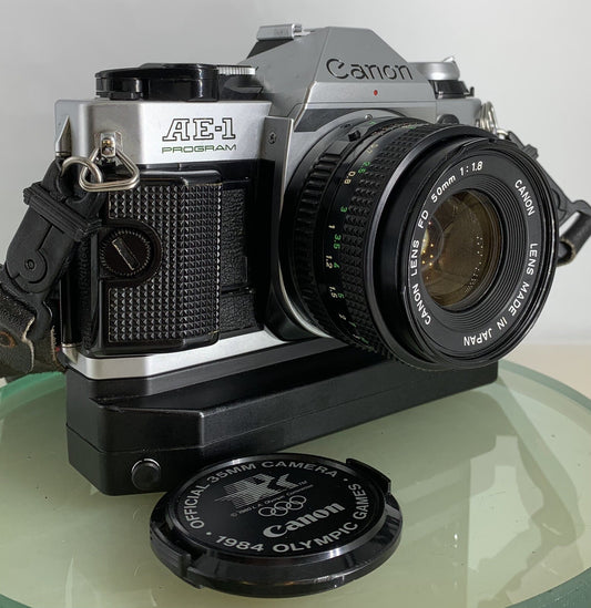 Canon AE-1 Program 35mm SLR Film Manual Camera + Canon 50mm F/1.8 FD Lens+Winder0