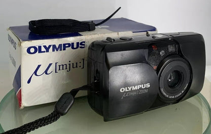 Olympus Mju Zoom 35mm Film Point and Shoot Camera Black Tested + BOX,SERVICED1010