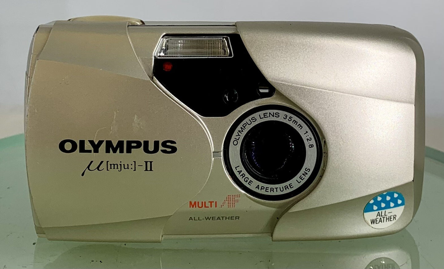 Olympus MJU II 35mm ALL WEATHER FILM CAMERA GOLDEN WITH COVER TESTED - 3191