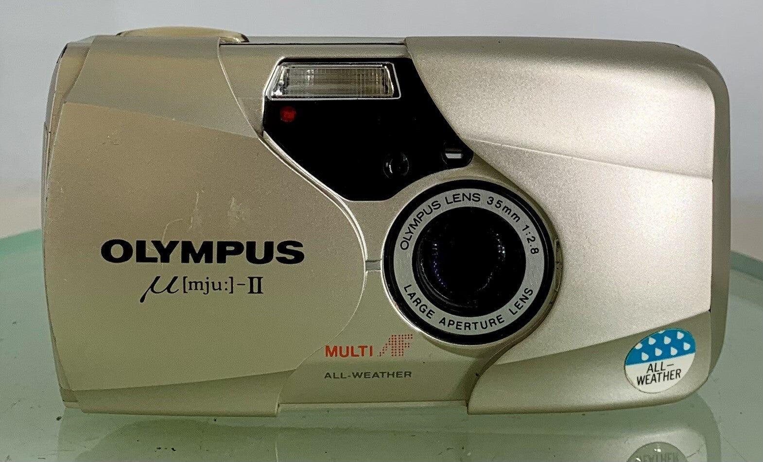 Olympus MJU II 35mm ALL WEATHER FILM CAMERA GOLDEN WITH COVER TESTED - 3191