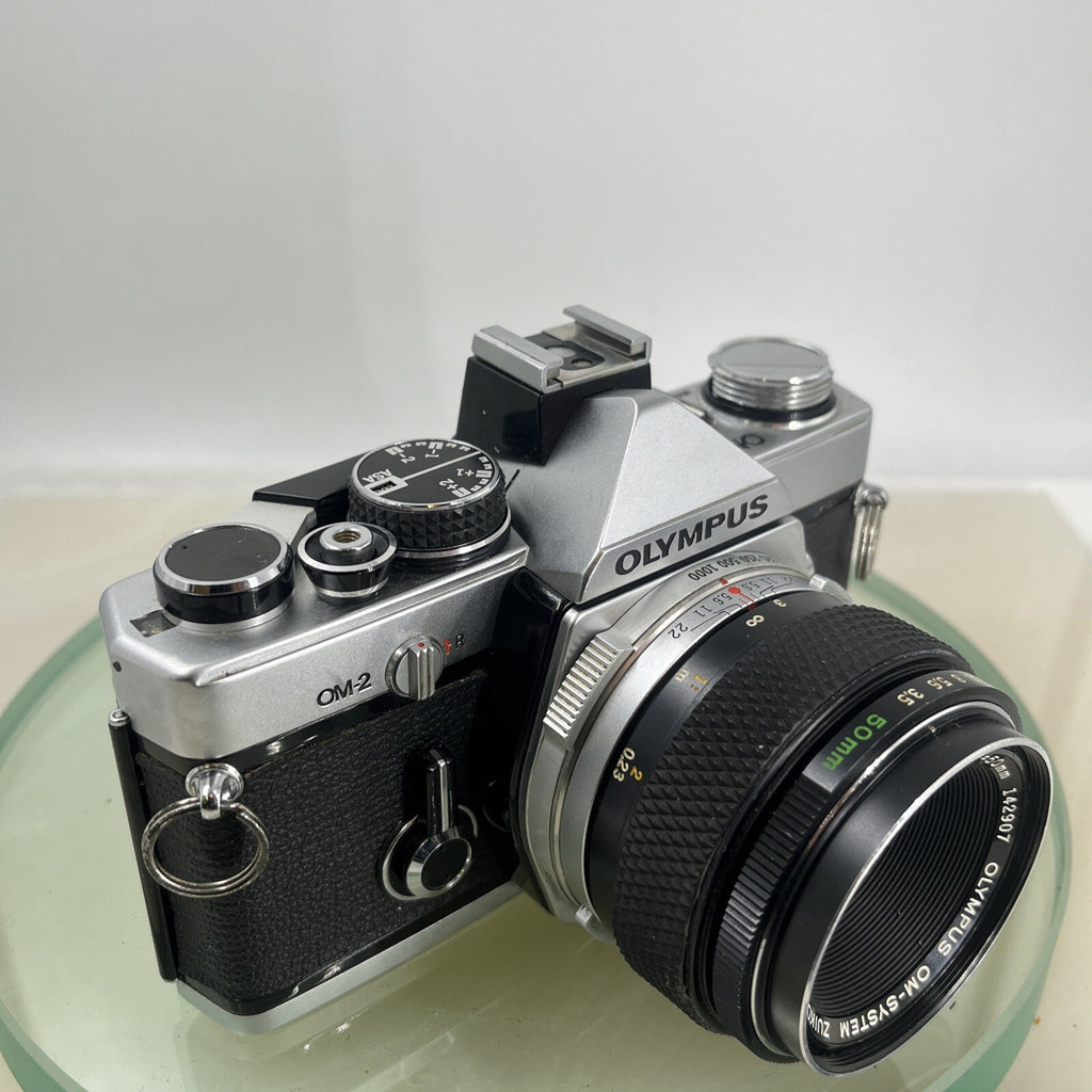 Olympus OM-2 35mm SLR camera body & Hotshoe 2 50mm 1:3.5 Silver Nose TESTED #88510