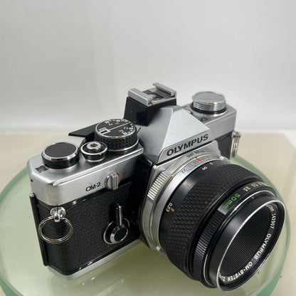 Olympus OM-2 35mm SLR camera body & Hotshoe 2 50mm 1:3.5 Silver Nose TESTED #88510