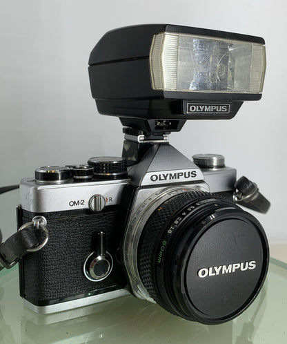 Olympus OM-2 35mm SLR camera body & Hotshoe 2 50mm 1:1.8 +Flash  TESTED #1590