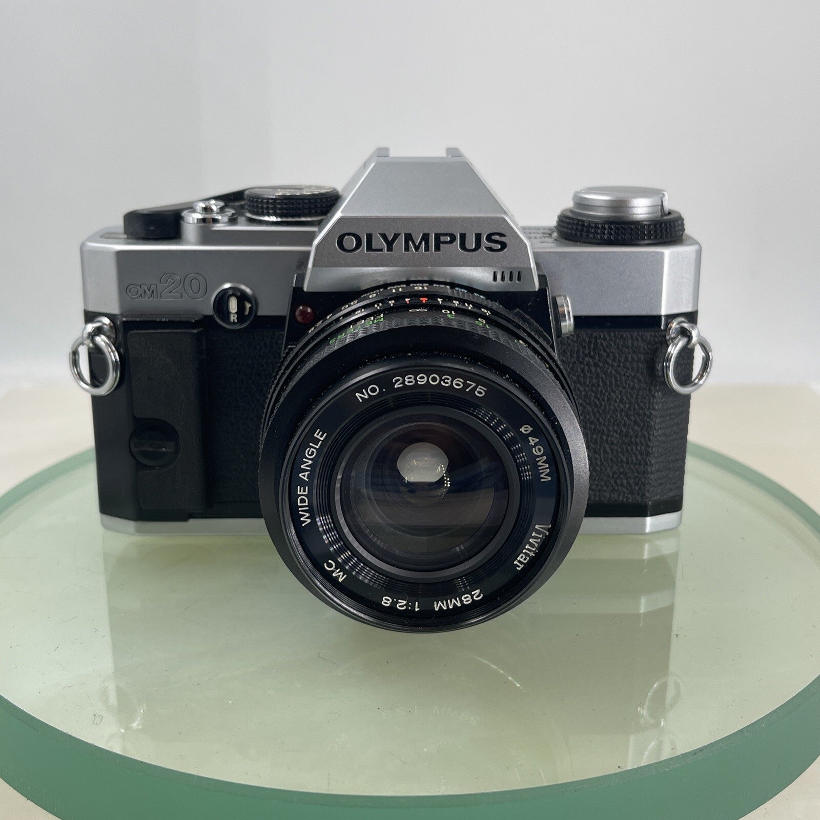 Olympus Om20 35mm slr film camera With Vivitar 28mm 1:2.8  Lens SERVICED  #6201
