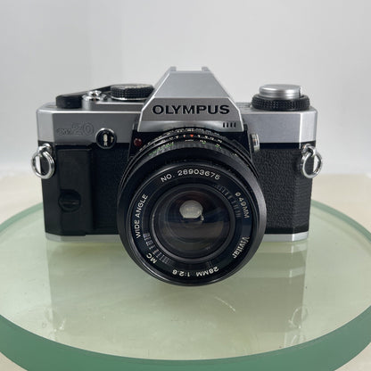 Olympus Om20 35mm slr film camera With Vivitar 28mm 1:2.8  Lens SERVICED  #6201