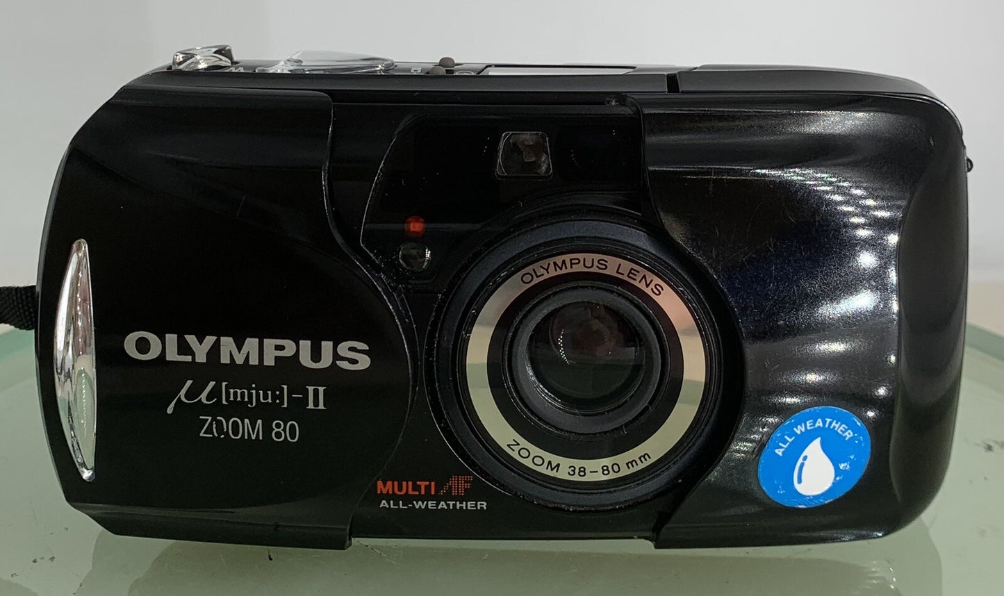 Olympus mju ii Zoom 80 35mm Ultra Compact Camera Black All Weather  Working +TIN1