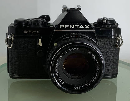 Pentax MV 1 35mm SLR Camera, with 50mm f/2 Prime Lens, Strap TESTED  #1721