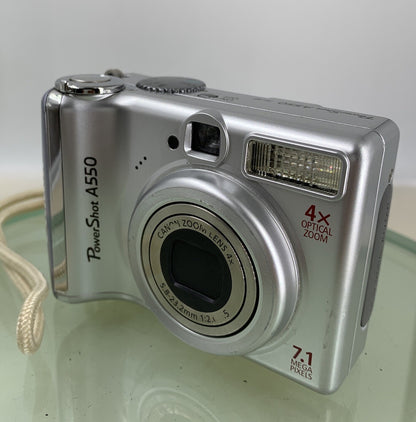CANON POWERSHOT A550 7.1MP CAMERA WITH 1.0GB SD CARD SILVER TESTED - 8751