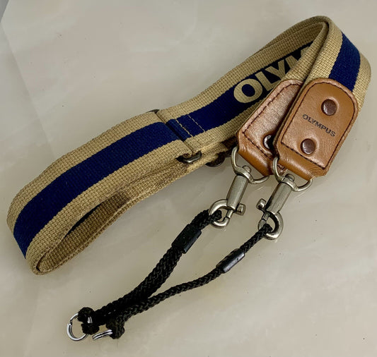 Retro OLYMPUS Hunter Wide Camera Strap in Blue & Beige Canvas OM1, OM2,OM10,OM200
