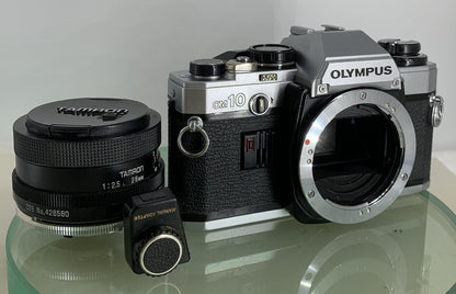 SERVICED Olympus OM10 35mm SLR Film Camera + 28mm f2.5 Tamron  Lens + Adapter1990