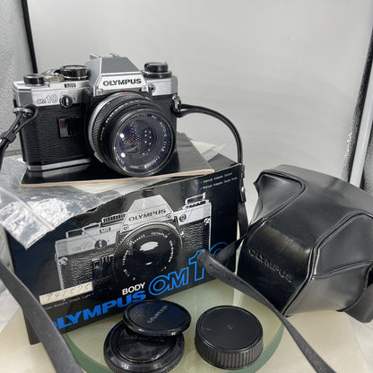 BOXED Olympus OM10 35mm SLR Film Camera with 50mm Lens + Leather Case+T20 FLASH+11