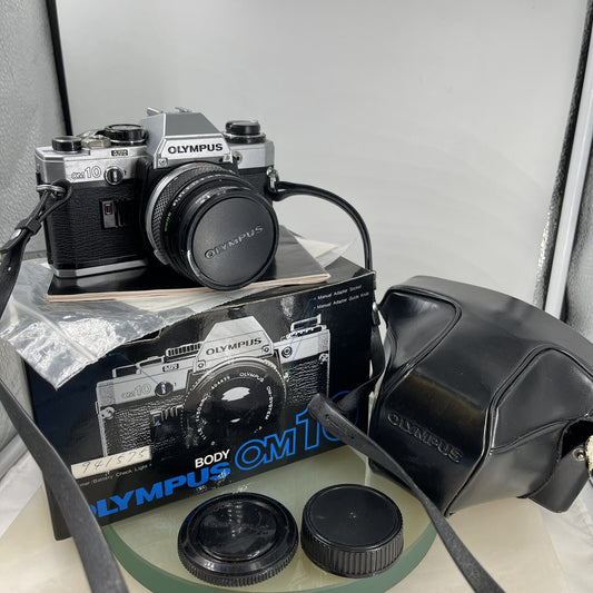 BOXED Olympus OM10 35mm SLR Film Camera with 50mm Lens + Leather Case+T20 FLASH+0