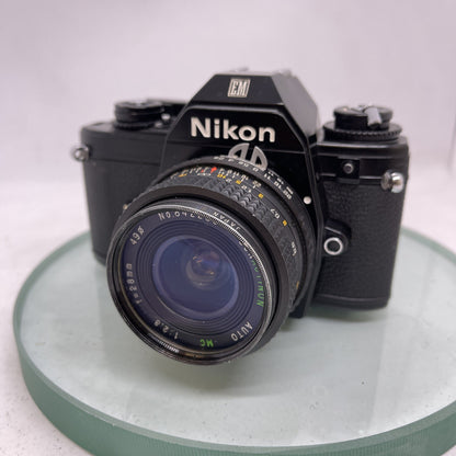 Nikon EM SLR 35mm Film Camera + 28mm 1:2.8 Lens (SUNACTION AUTO) TESTED 160