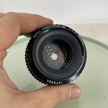 Pentax MV SLR FILM CAMERA + SMC Pentax-A 50mm F/1.7 Lens+CASE  WORKING TESTED60811