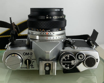 Olympus OM-2 35mm SLR camera body Olympus Zuiko 50mm 1:1.8+ Shoe, TESTED  #2418