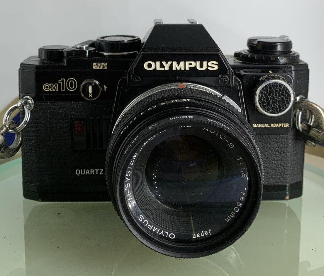 Black Quartz Olympus OM10 35mm SLR Camera Olympus 50mm 1.8 Manual Adapter TESTED1