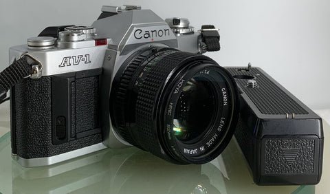 Canon AV-1 SLR 35mm Film Camera With a Canon 50mm 1.8 Lens + Battery Grip TESTED