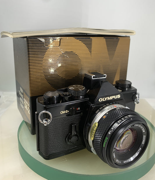 Olympus OM-2n Black - 35mm SLR Film Camera + 50mm f/1.8 Lens-Tested+ BOX & BOOK0