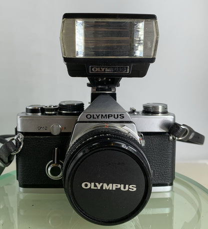 Olympus OM-2 35mm SLR camera body & Hotshoe 2 50mm 1:1.8 +Flash  TESTED #1591