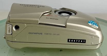 Olympus MJU II 35mm ALL WEATHER FILM CAMERA GOLDEN WITH COVER TESTED - 3197