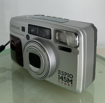 Pentax Espio 145M SUPER SILVER POINT AND SHOOT FILM CAMERA+COVER+BOOK-TESTED-8492